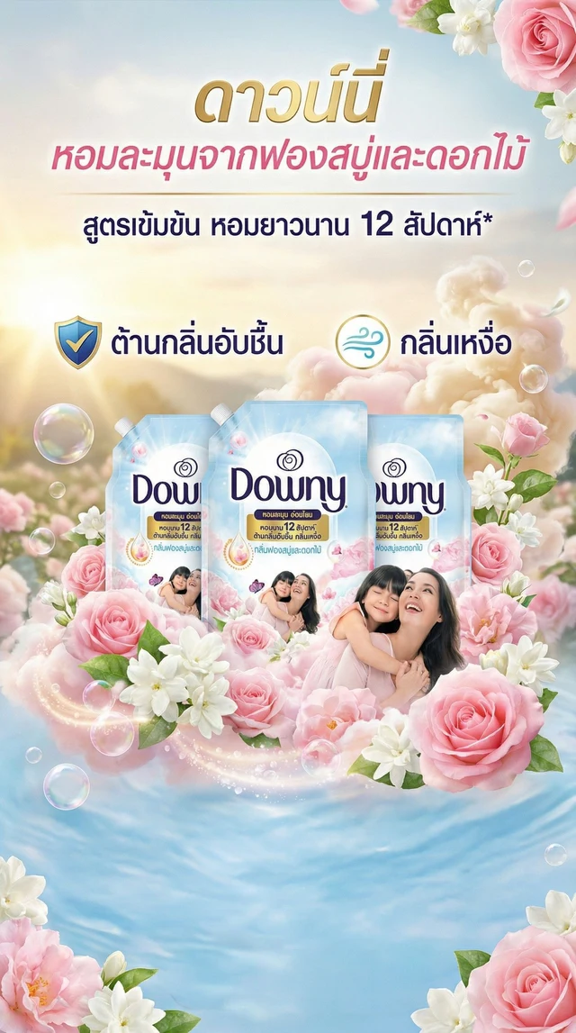 ดาวน์นี่ น้ำยาปรับผ้านุ่ม ฟองสบู่และดอกไม้ 950 มล. แพ็ค 2+1