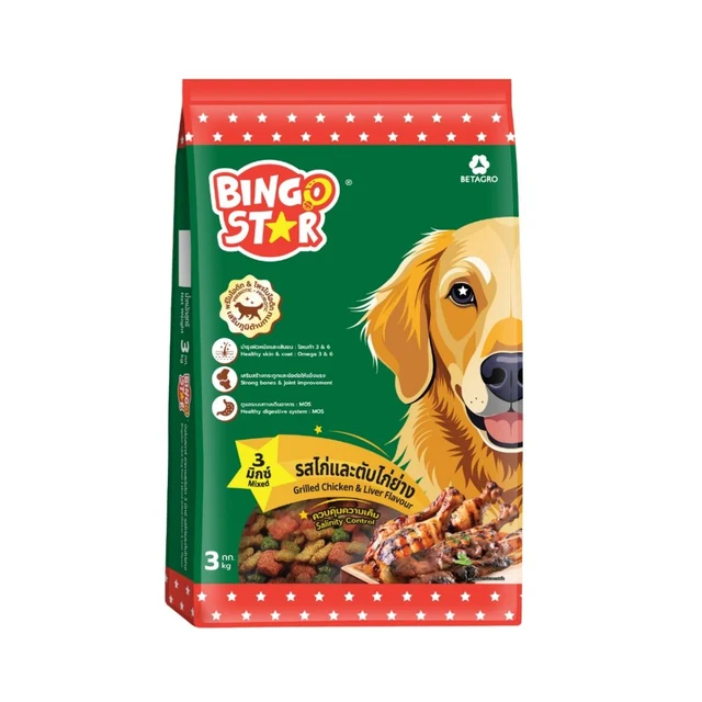 บิงโกสตาร์ อาหารสุนัขโต 3 มิกซ์ รสไก่และตับไก่ย่าง 3 กก.