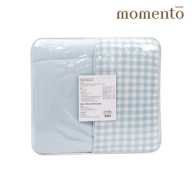 โมเมนโต ผ้าปูที่นอนแบบเย็น สีฟ้า 5 ฟุต+ผ้านวม 70X90 นิ้ว