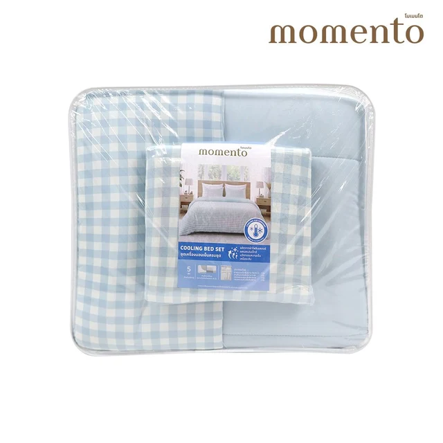 โมเมนโต ผ้าปูที่นอนแบบเย็น สีฟ้า 5 ฟุต+ผ้านวม 70X90 นิ้ว