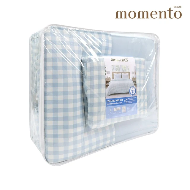 โมเมนโต ผ้าปูที่นอนแบบเย็น สีฟ้า 5 ฟุต+ผ้านวม 70X90 นิ้ว