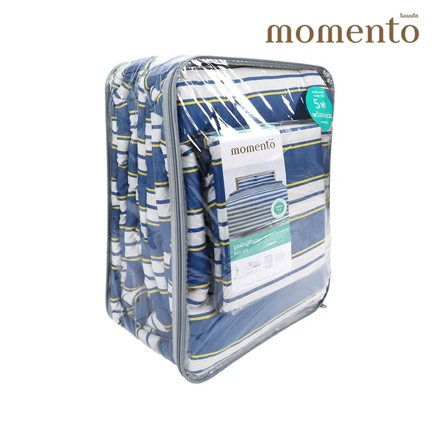 MOMENTO BED SET MICRO STRIPE BLUE 5 FT+DUVET 70X90 INCH